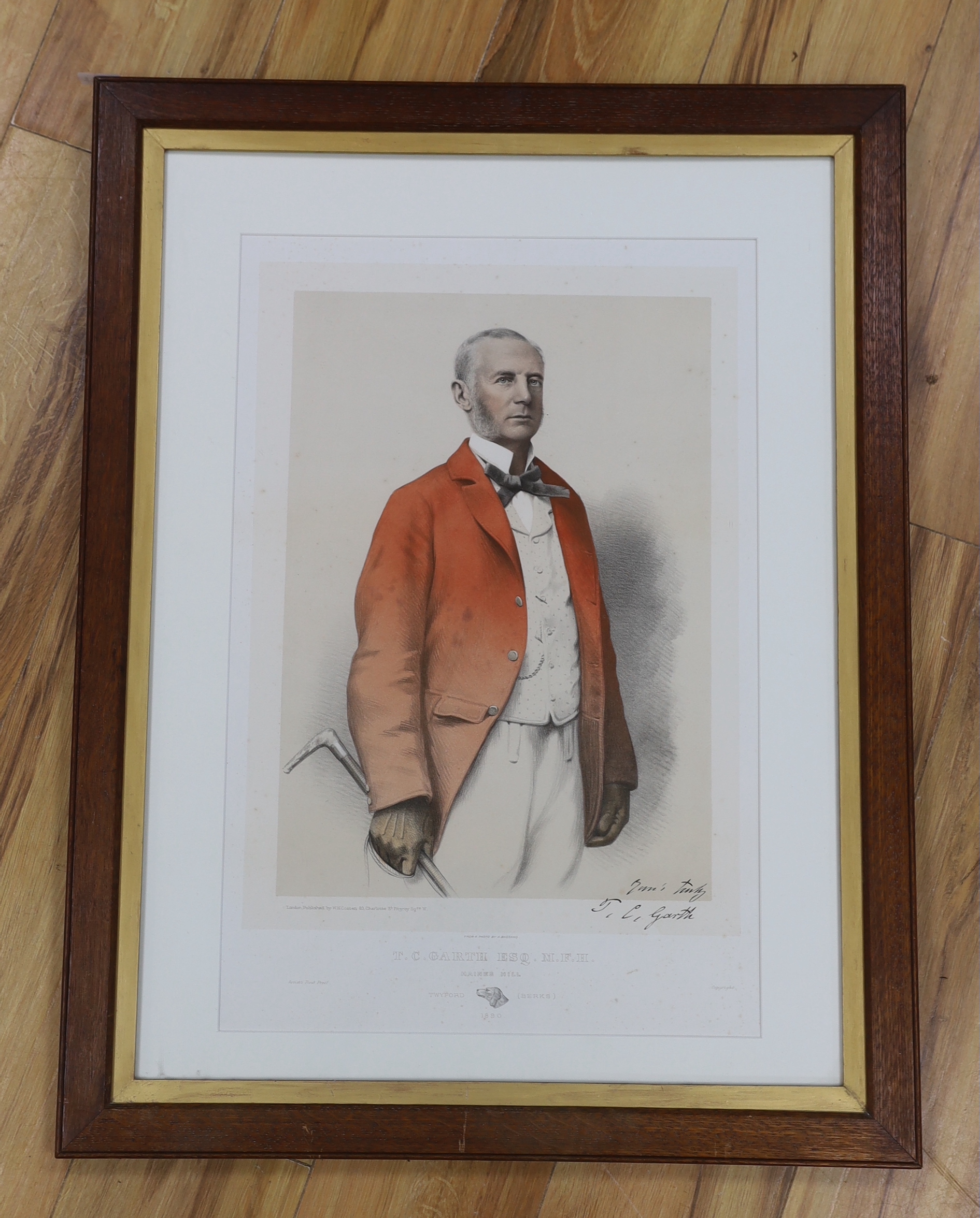 T. C. Garth Esq, Haines Hill, Twyford 1890, artist proof print, Portrait of a huntsman, published W. H. Coaten, London, inscribed in ink, 57 x 38cm